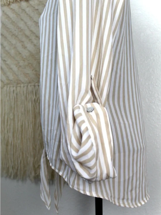Chico's Size 0 Striped Long Sleeve Front
Tie Blouse Tan, white chifon - Picture 6 of 8